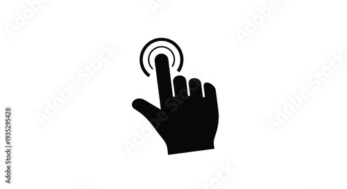 Black silhouette of a hand pressing a circular button on white
