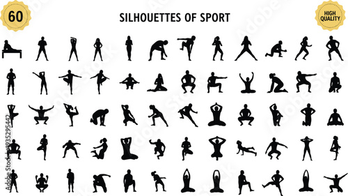Mega set of sixty black and white sport silhouettes featuring men and women practicing yoga fitness exercises and gym workouts for vector design.