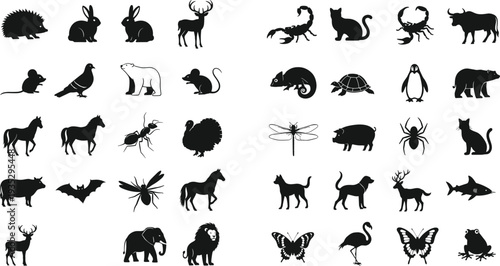 Mega set of black and white animal silhouettes featuring wildlife birds insects and domestic pets isolated on white background for vector design.