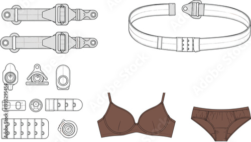 Garment hardware and lingerie components set including straps hooks buckles bra and panties, cad drawing flat vector illustration
