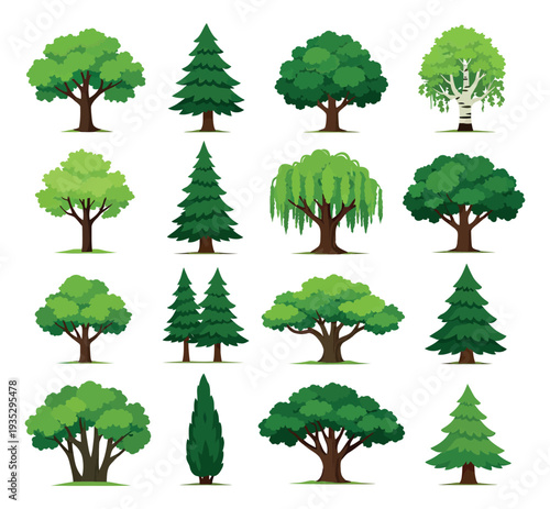 Flat design tree set featuring various deciduous and coniferous trees for nature and park landscapes