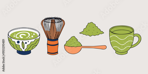 Matcha Tea Preparation Elements Including a Bowl a Whisk Powder and a Cup vector illustration