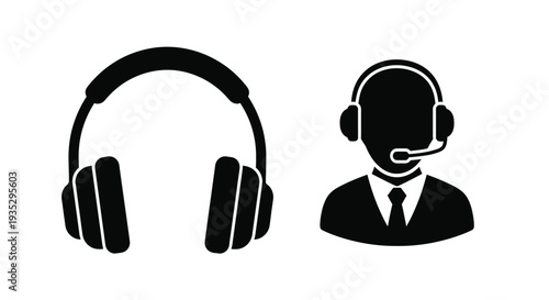 Black silhouettes of headphones and a customer service representative