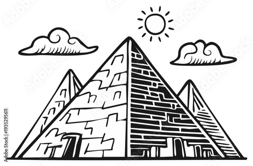 Stylized hand drawn pyramids and sun under clouds illustration