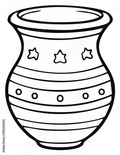 Simple Outline Drawing of Decorative Ceramic Vase with Star and Circle Patterns