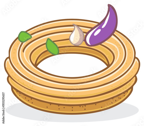 Savory churro rosca with eggplant and garlic cartoon vector illustration