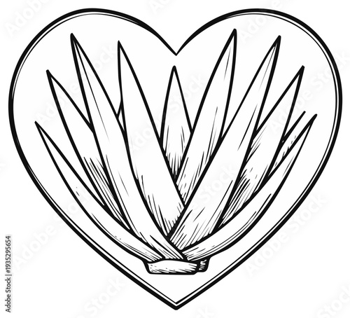Aloe Vera Plant in Heart Shape - Black and White Line Art for Wellness, Valentine's Day and More