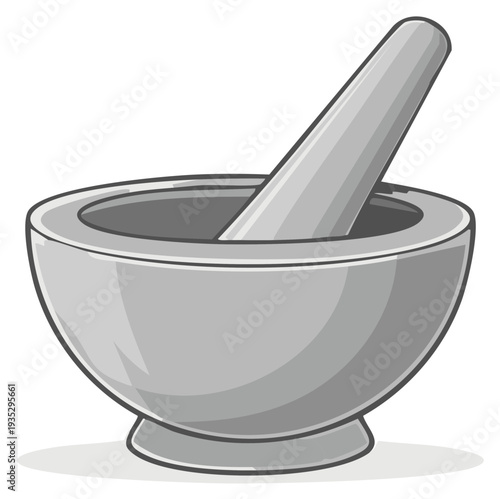 Gray mortar and pestle kitchen utensil for grinding spices and herbs, illustration of a culinary tool for cooking preparation