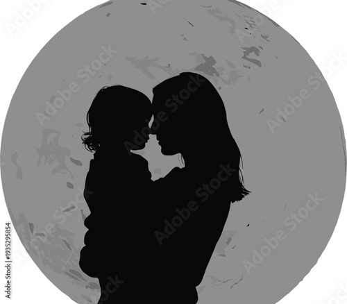 Minimalist black silhouette illustration of a mother holding her child affectionately against a large full moon background for maternal love vector design.