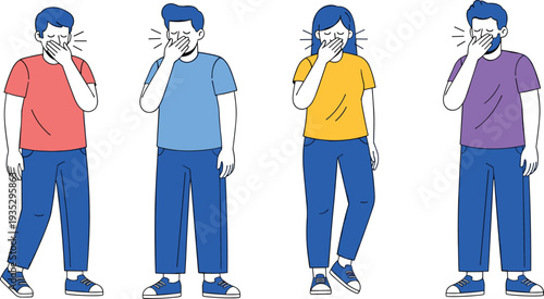 Illustration set of people covering mouth while coughing or sneezing, health hygiene concept showing men and woman with cold symptoms, respiratory illness prevention awareness