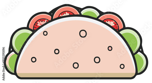 Cartoon taco illustration with lettuce, tomato, and tortilla