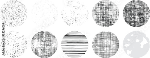 Grunge texture circle collection with distressed ink patterns, abstract rough surface backgrounds for design CAD flat vector illustration