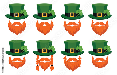 Cartoon leprechaun elements set featuring green top hats with shamrocks and various red beards for St. Patrick's Day designs