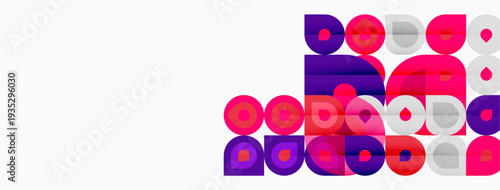 Abstract geometric shapes, circles, squares, rectangles. Pink, purple hues dominate white background. Modern design elements present.