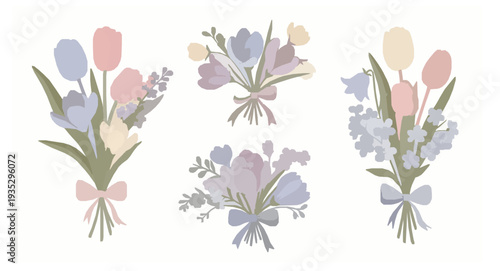Spring Floral Bouquet Clipart Set with Tulips, Bellflowers, Crocus and Forget-Me-Not, Preppy Ribbon Bow Collection