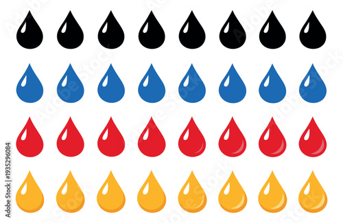 Modern graphic liquid droplets set featuring various colored drops with highlights for fluid and abstract concepts