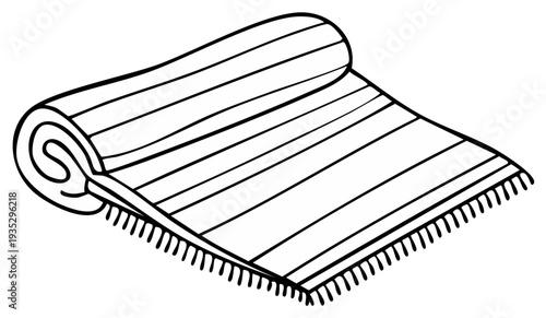 Hand Drawn Illustration of a Rolled Striped Rug with Tassels