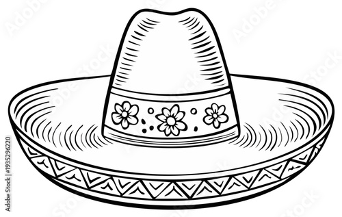 Black and white illustration of a traditional sombrero hat with decorative band and brim