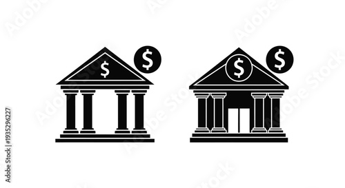 Two black bank building icons with dollar signs representing finance