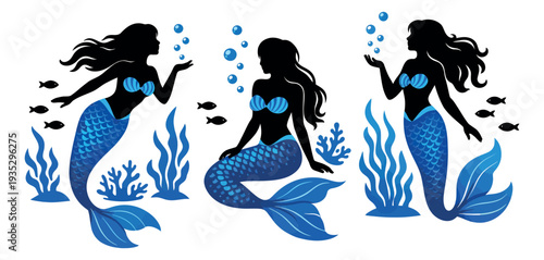 Stylized silhouette mermaid set featuring three mermaids in various poses with fish and sea plants for fantasy, marine, and fairy tale themes