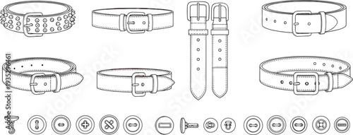 Leather belt and buckle accessories technical drawing set with studs and buttons, fashion apparel CAD flat vector illustration