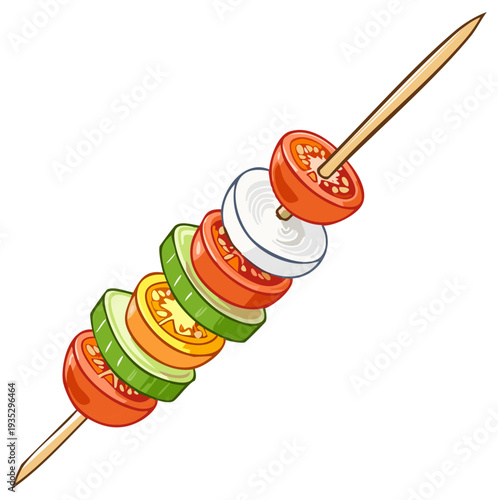 Colorful vegetable kebab with fresh sliced tomato onion and cucumber on a skewer illustration