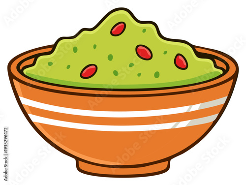 Vibrant Guacamole Dip with Red Toppings in a Striped Orange Bowl Fresh Appetizer