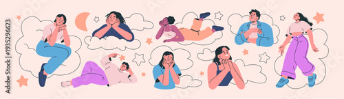 Dreaming hopeful smiling people floating in clouds set. Happy dreamy characters dream, imagine, making wish, daydreaming. Men and women dreamers with hopes, thoughts, ideas. Flat vector illustration