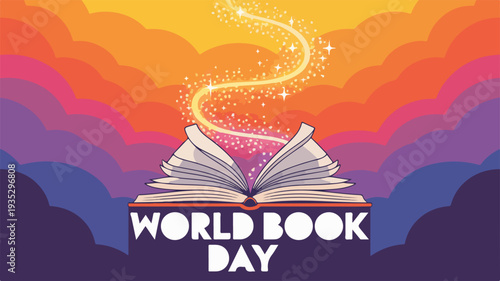 World book day celebration with open book and sparkling magic dust on a vibrant sunset background
