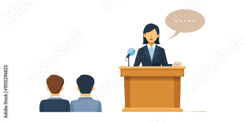 Professional woman delivers a speech from a wooden podium with a microphone The speaker has a speech bubble and wears a business suit She is