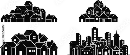 Black silhouette set of residential houses and urban city skyline buildings for real estate, neighborhood development, and architectural vector design.