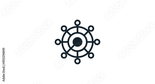 A black line icon of a ship's steering wheel on a white background.