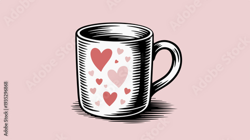 Vintage hand drawn mug with delicate hearts on pink background love coffee cup illustration