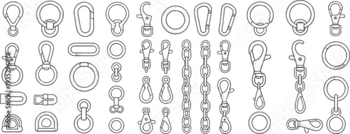 Metal snap hooks, carabiners, rings and chain connectors hardware collection technical set, accessory fasteners, cad drawing flat vector illustration