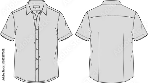 Short sleeve button up shirt technical drawing with front and back views, apparel fashion CAD flat vector illustration