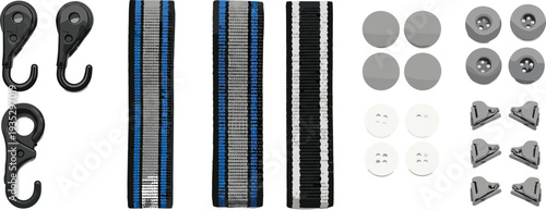 Sewing accessories and garment hardware set with hooks straps buttons clips, fashion technical elements, cad drawing flat vector illustration