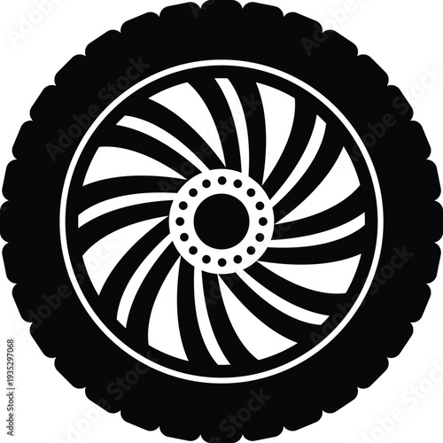 Black rubber wheel tire design. Wheel tires. Car tire tread tracks, Mini Van racing wheel minimal design. Tyres road maintenance vector automobile. Auto Van wheel tyre. Vector illustration rim design