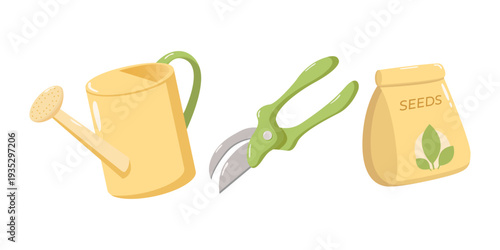 Cartoon-style illustration of yellow watering can with green handle, green-handled pruning shears, and yellow seed packet labeled SEEDS with leaf design, cheerful gardening and planting design