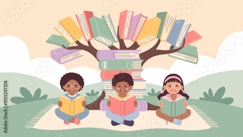 Diverse children sitting under tree with books reading outdoors in nature education concept