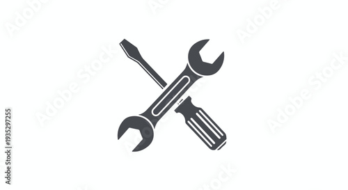 Two crossed tools, a wrench and screwdriver on a white background.