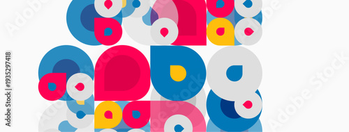 Colorful overlapping circles create abstract pattern. Bright hues dominate composition, offering playful visual experience.