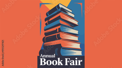 Vibrant annual book fair poster with stacked books on orange background symbolizing reading and literature events