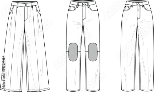 Wide leg trousers and denim jeans fashion technical templates set, casual pants apparel outline sketches, cad drawing flat vector illustration