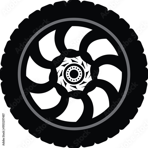 Black rubber wheel tire design. Wheel tires. Car tire tread tracks, Mini Van racing wheel minimal design. Tyres road maintenance vector automobile. Auto Van wheel tyre. Vector illustration rim design