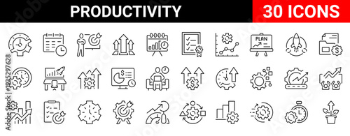 Modern productivity line icons set designed for workflow management, task organization, time planning and performance tracking. Clean outline icons with editable stroke, ideal for business tools.