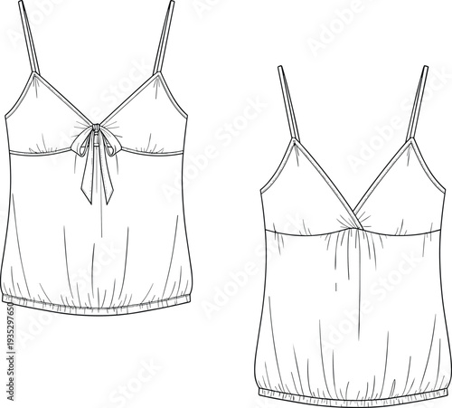 Women camisole top front and back technical fashion template, spaghetti strap blouse apparel outline sketch, cad drawing flat vector illustration