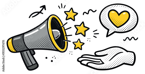 Hand drawn line art marketing elements set featuring a megaphone, stars, speech bubble with heart, and an open hand for communication and feedback