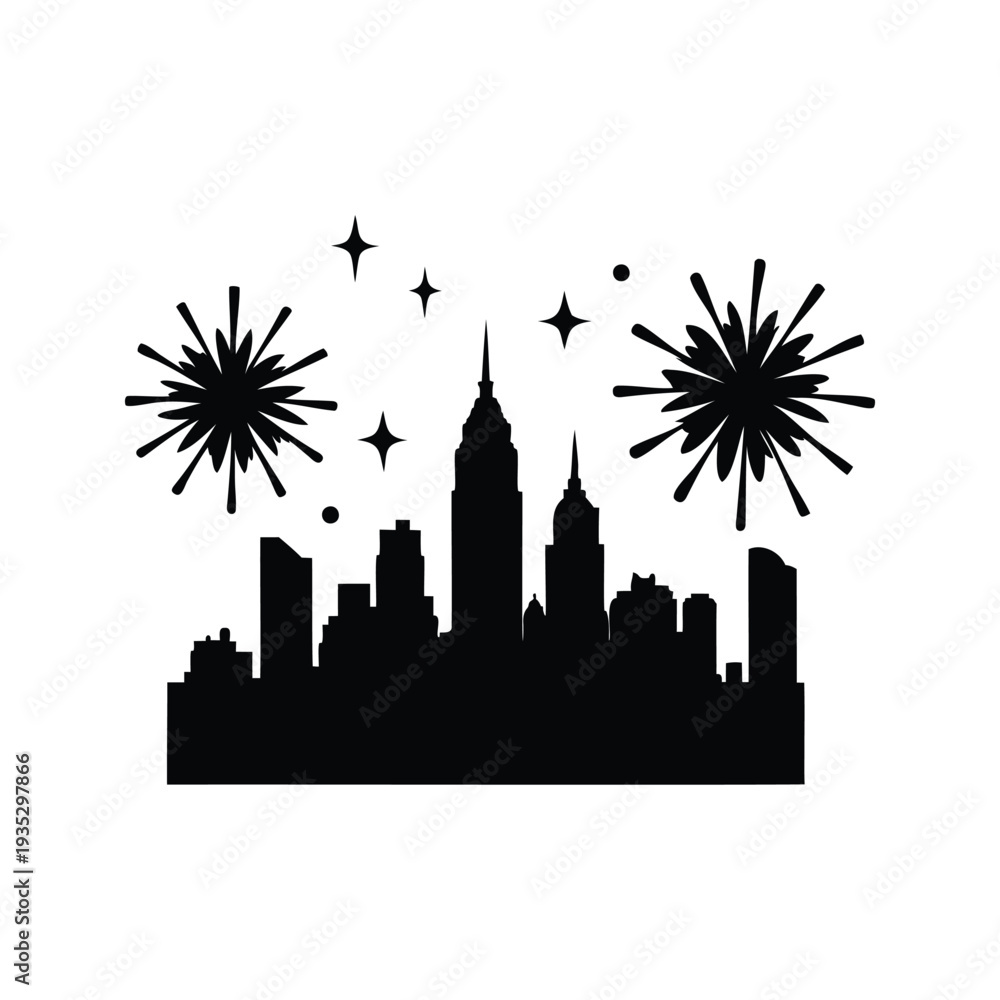 Fototapeta premium fireworks over city skyline silhouette vector illustration, City skyline with fireworks silhouette vector illustration showcasing urban celebration