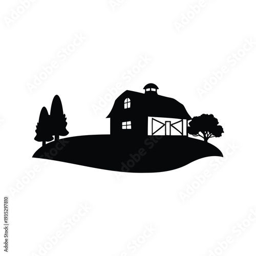 farm landscape with barn silhouette vector illustration, Silhouette of a charming countryside house with trees on a hill, silhouette vector illustration
