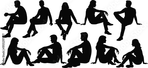  Silhouette illustration of diverse people sitting in relaxed postures, cross‑legged and extended legs, lifestyle vector artwork, human posture concept, community, design reference, social interaction